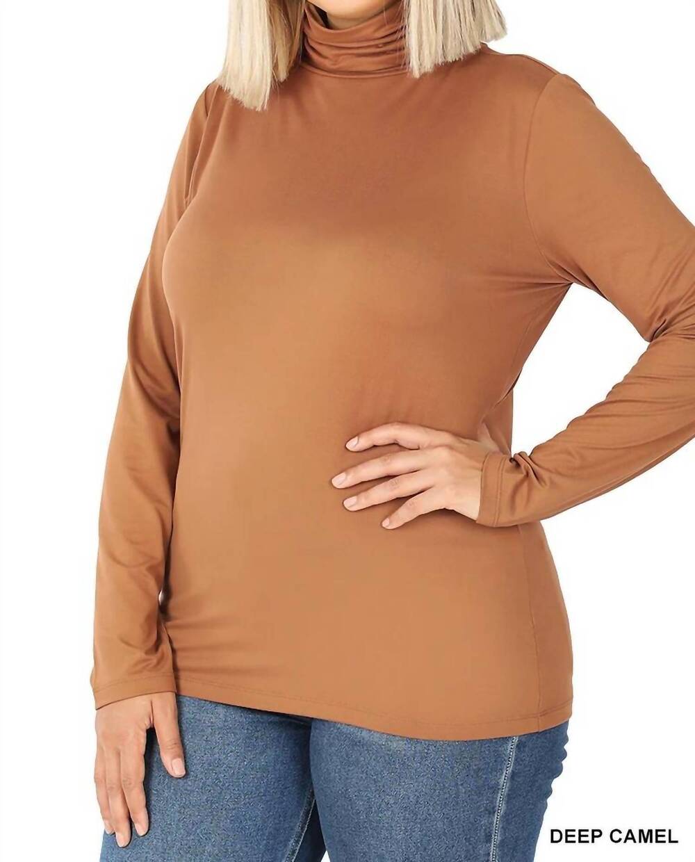 NEW ZENANA women's brushed microfiber mock neck top in deep camel